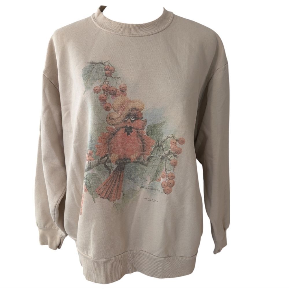 Women's vintage tan red bird & cherry sweatshirt size large